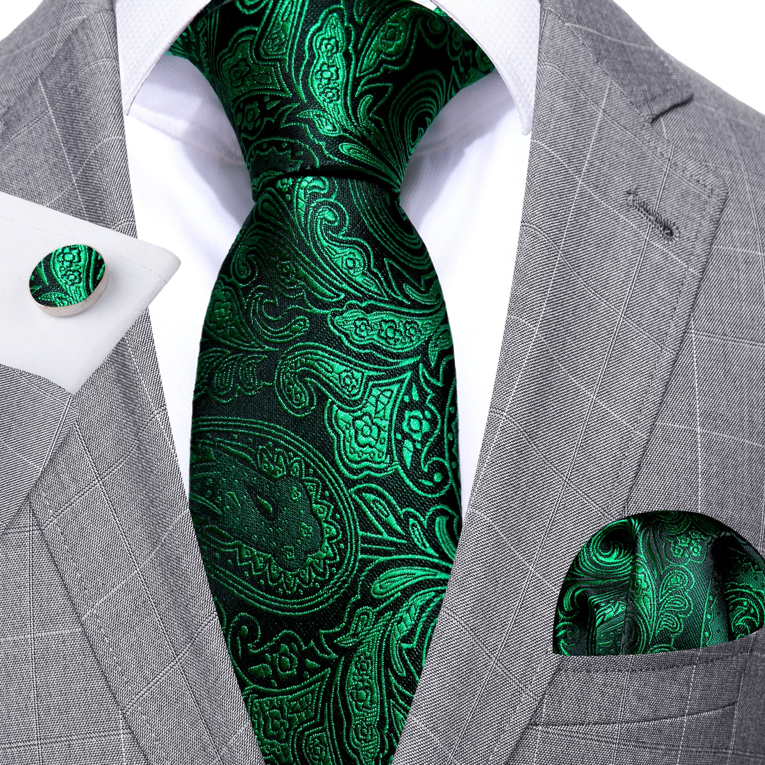  Dark Green Tie Paisley Silk Tie Handkerchief Cufflinks Set