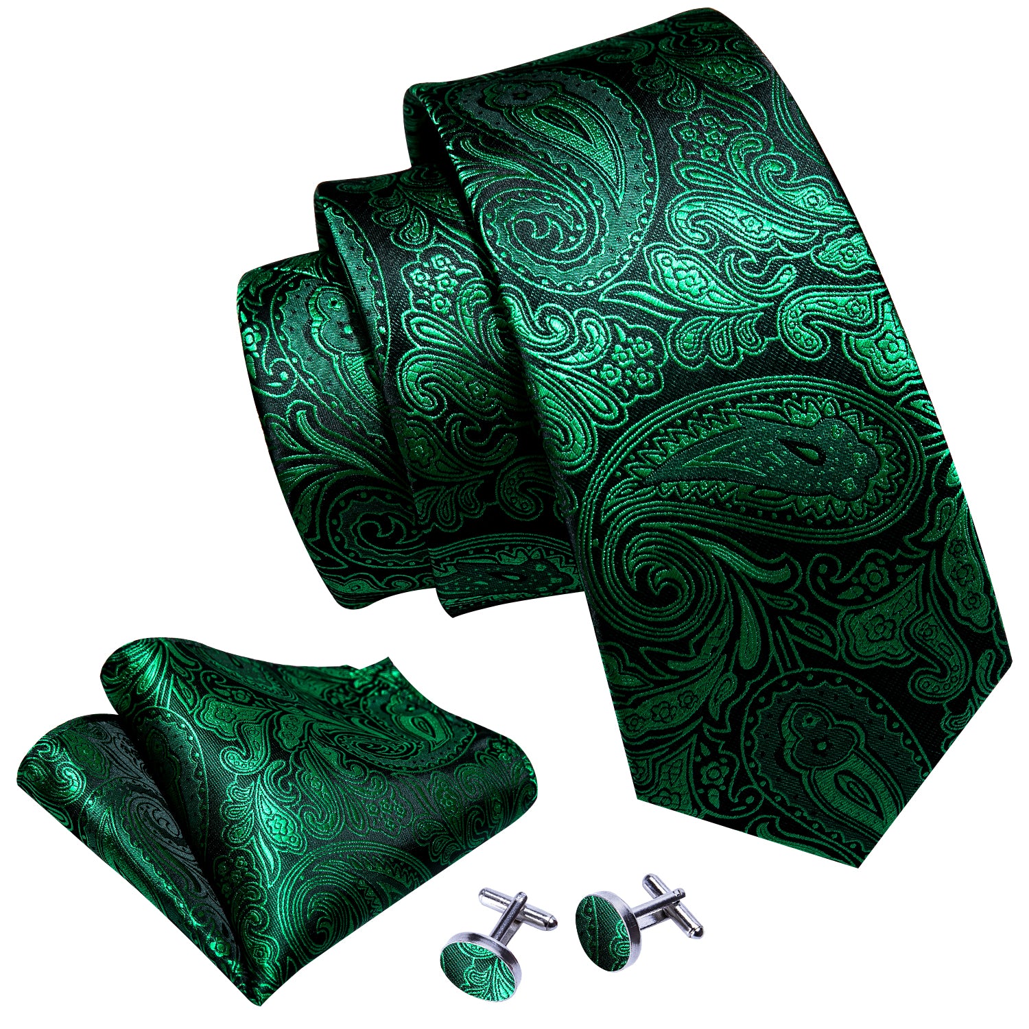 Dark Green Tie Paisley Silk Tie Handkerchief Cufflinks Set