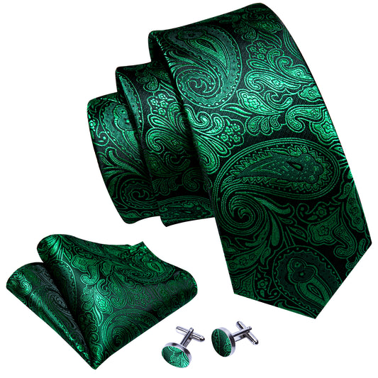 Dark Green Tie Paisley Silk Tie Handkerchief Cufflinks Set