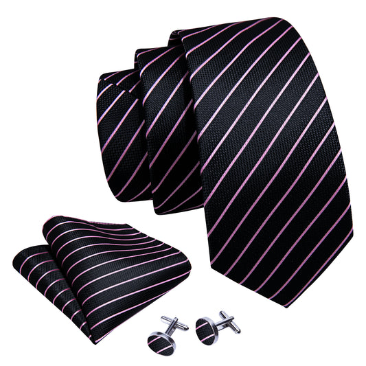 Black Neck Ties Pink Striped Silk Tie Hanky Cufflinks Set