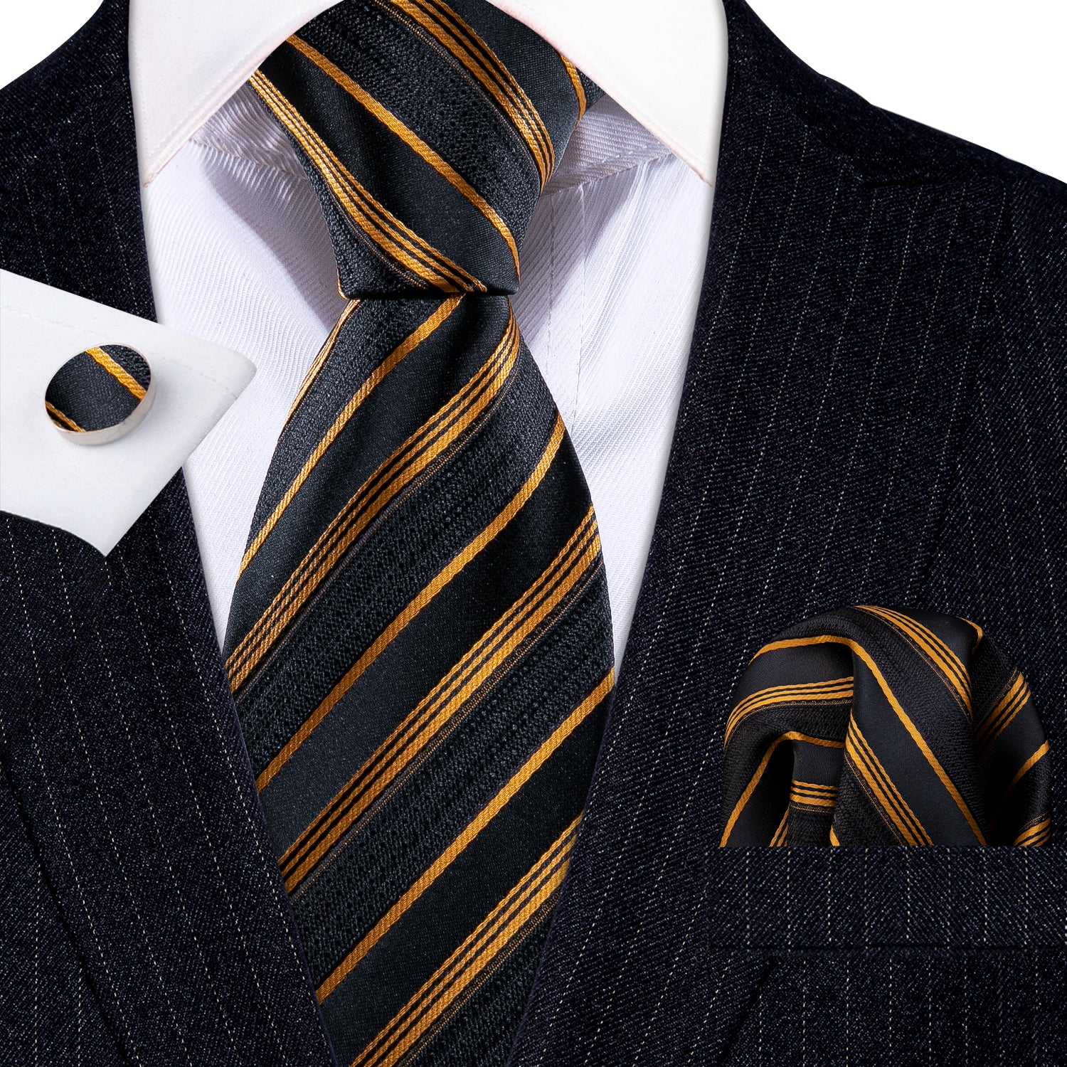 Barry. Wang Gold Black Striped Silk Tie Handkerchief Cufflinks Set