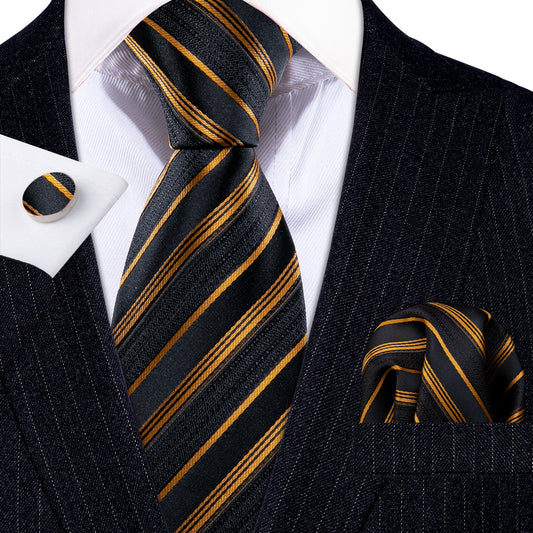 Barry. Wang Gold Black Striped Silk Tie Handkerchief Cufflinks Set