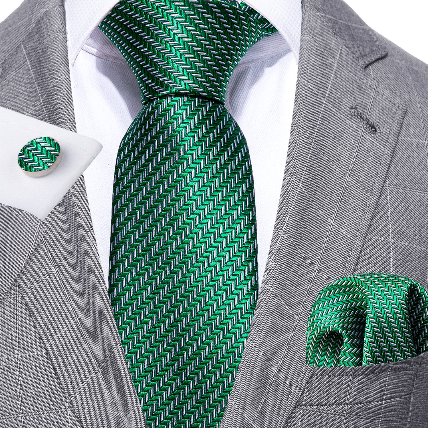 Grey Suit and green mens tie 