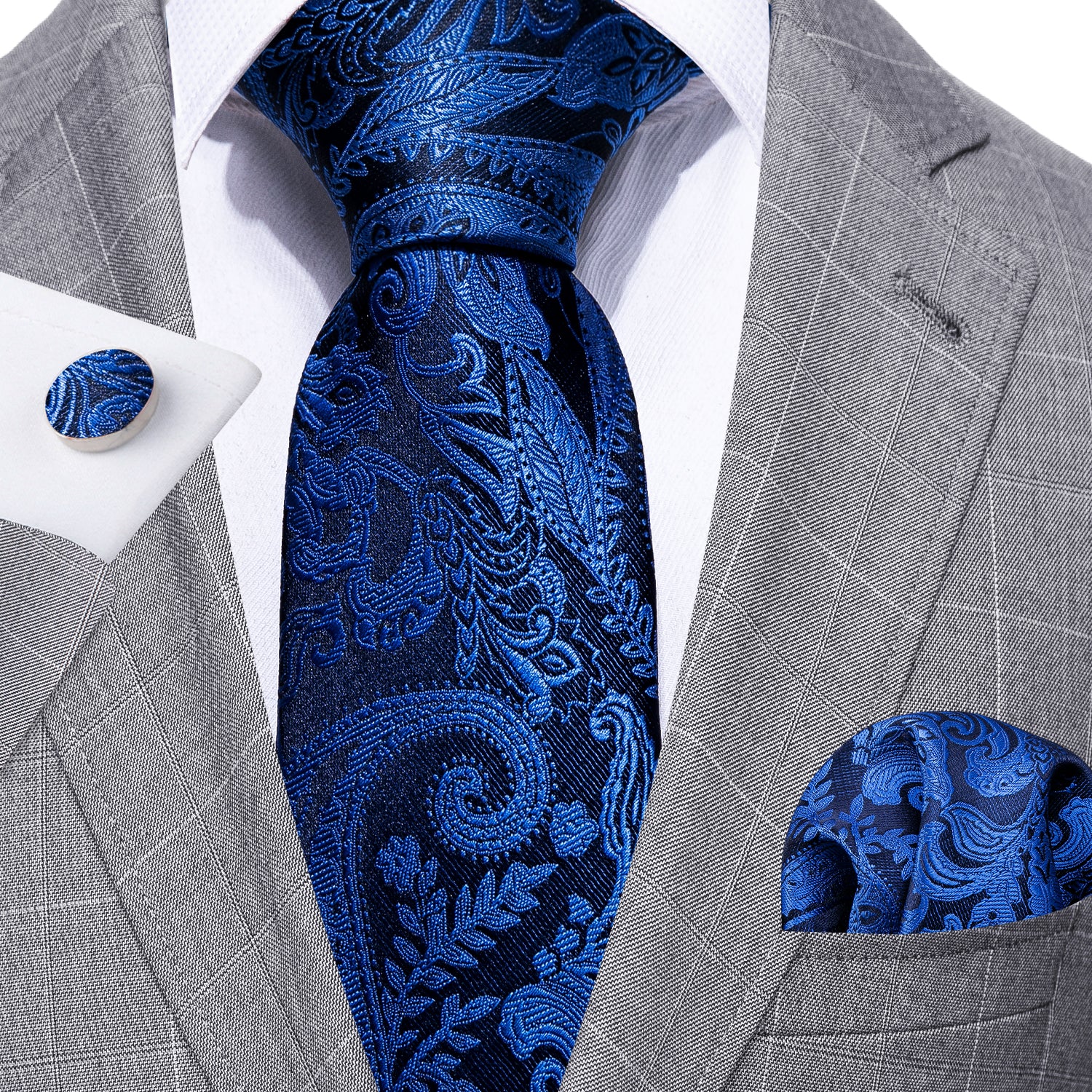 Barry. Wang Blue Paisley Silk Tie Handkerchief Cufflinks Set
