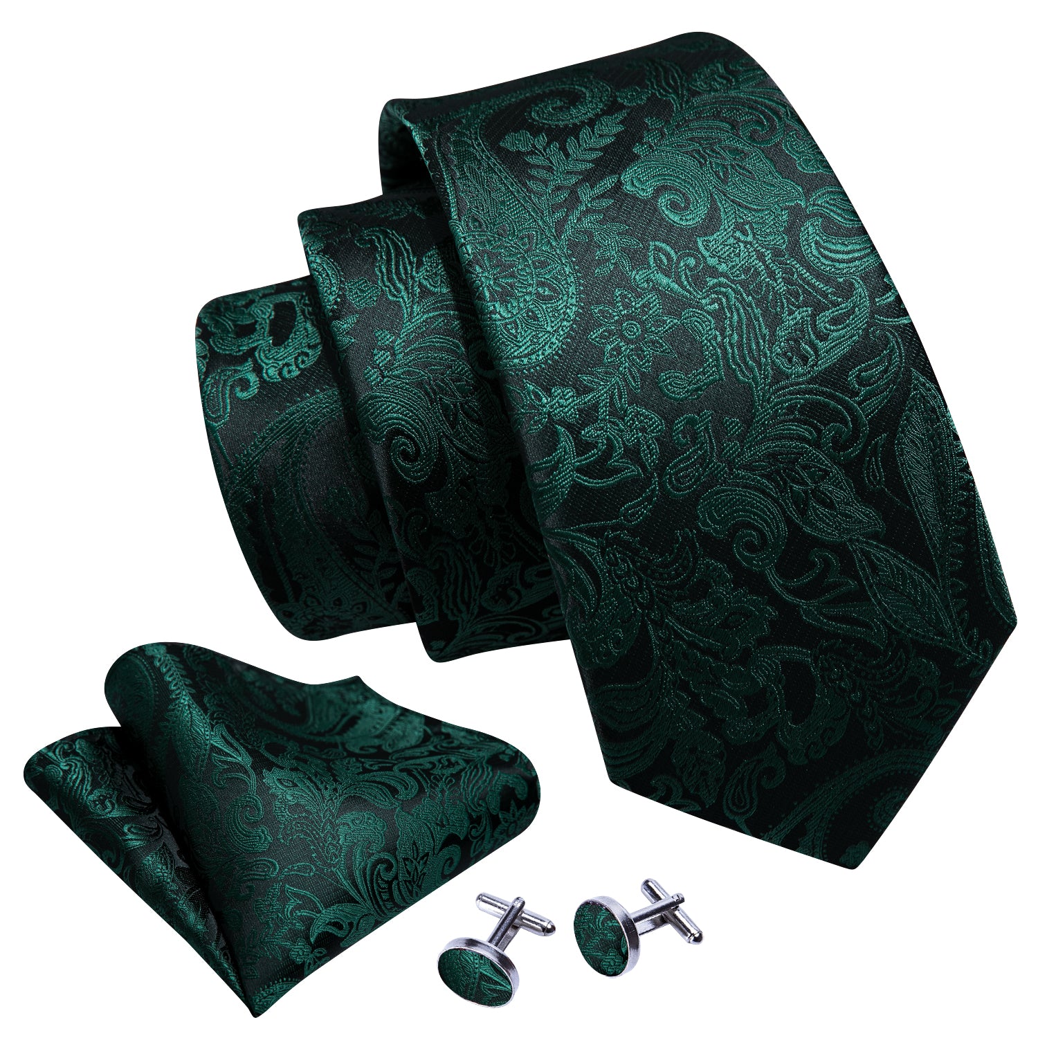 Dark Green TIe Black Green Paisley Silk Tie Hanky Cufflinks Set