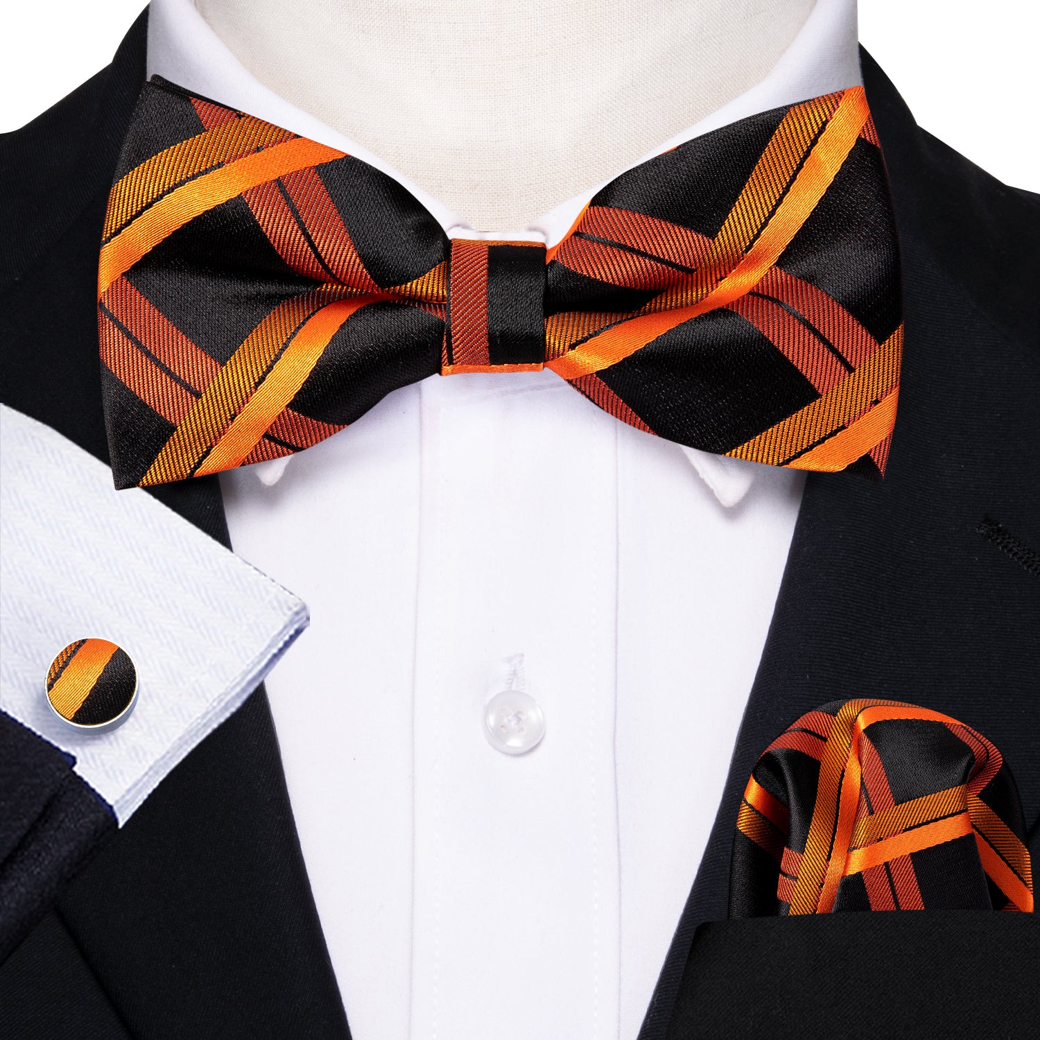 Black Orange Plaid Pre-tied Bow Tie Hanky Cufflinks Set