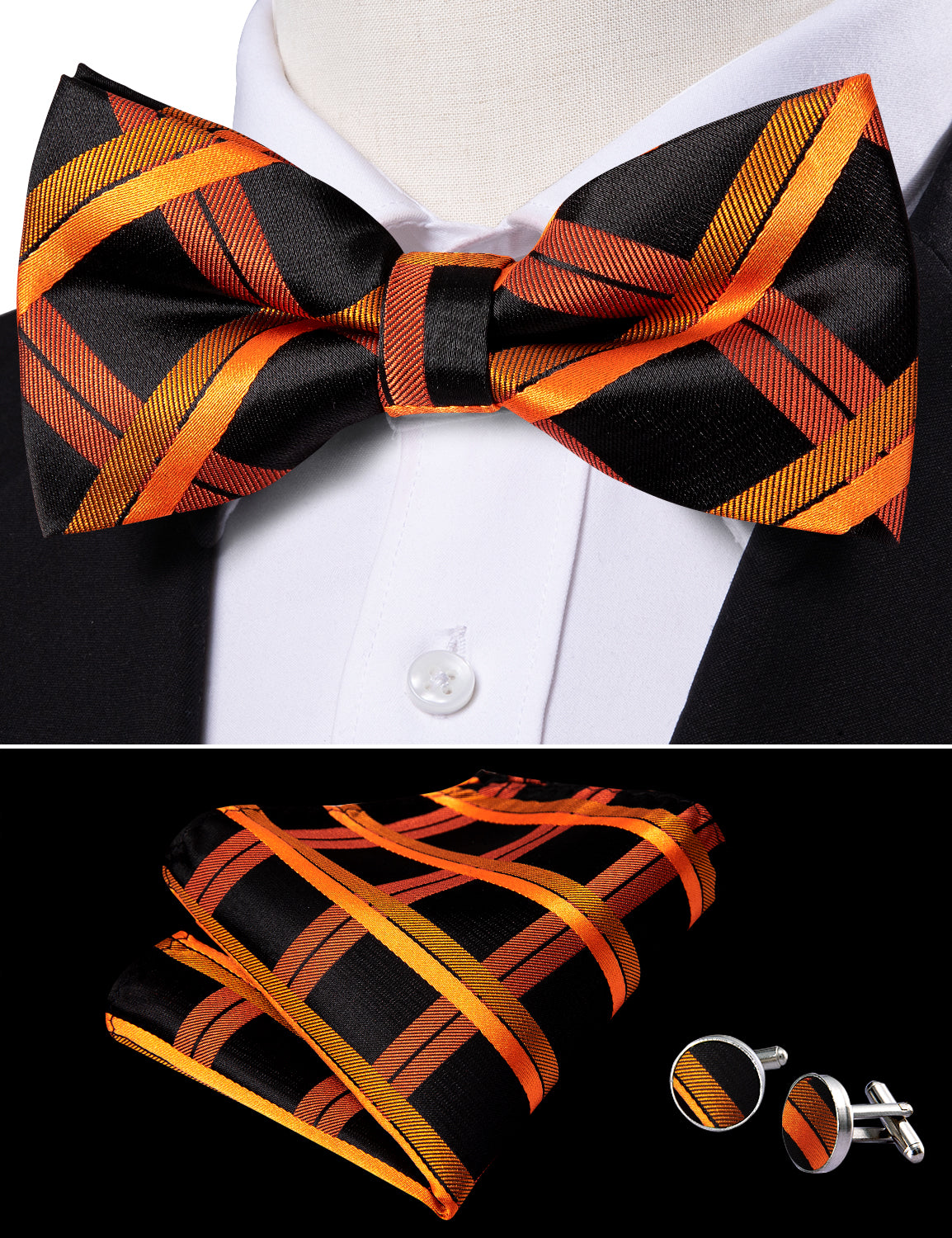 Black Orange Plaid Pre-tied Men Bow Tie Hanky Cufflinks Set