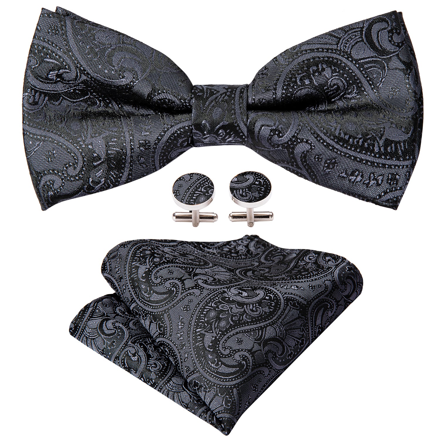Barry. Wang Black Paisley Bow Tie Pre-tied Adjustable Jacquard Bowtie for Wedding Hanky Cufflinks Set