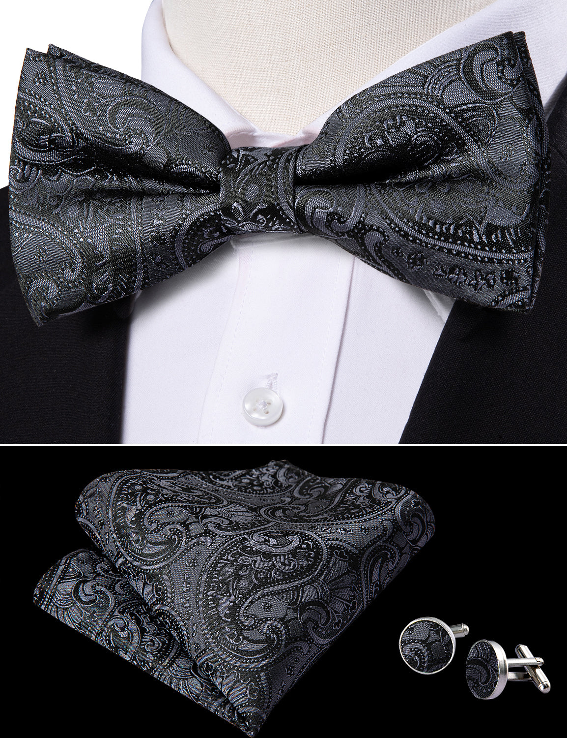 Barry. Wang Black Paisley Bow Tie Pre-tied Adjustable Jacquard Bowtie for Wedding Hanky Cufflinks Set