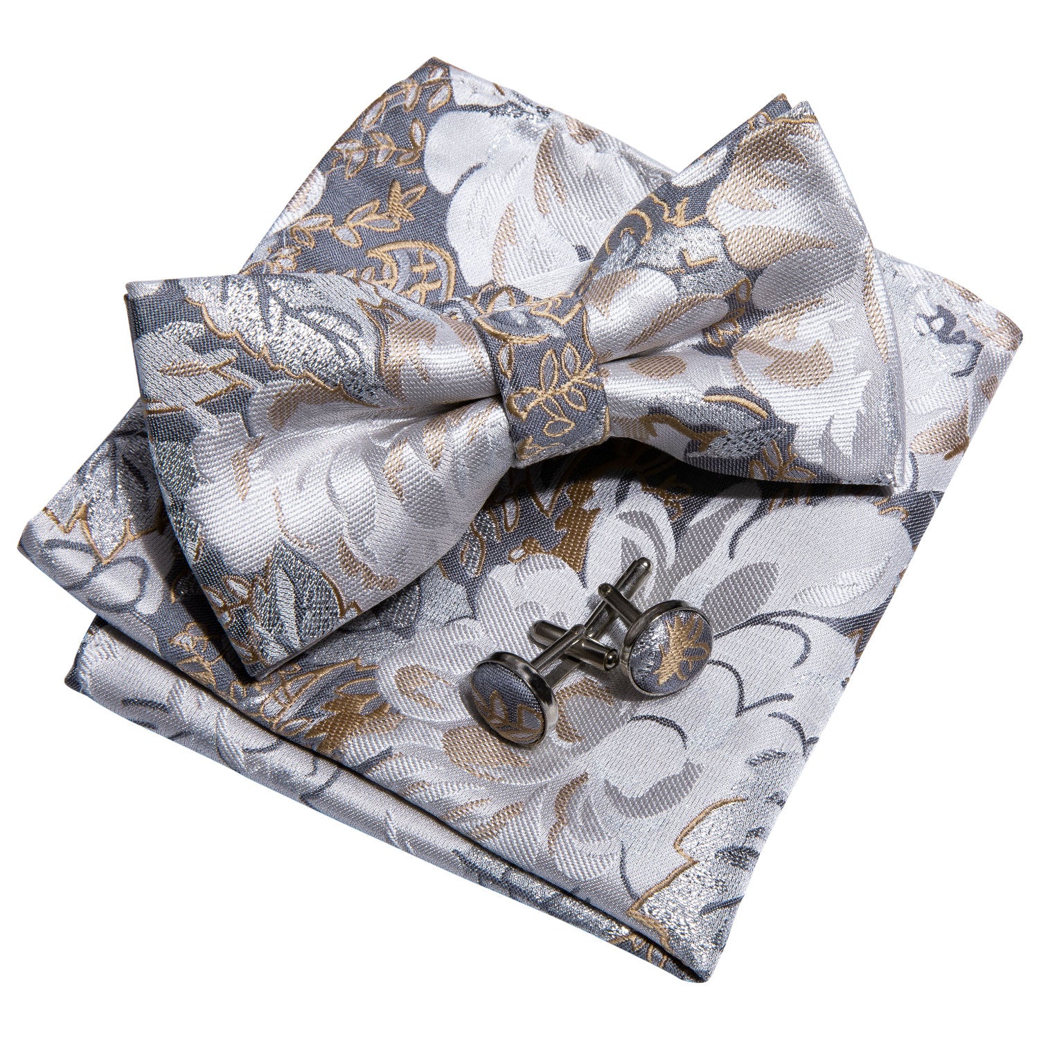Barry. Wang White Floral Bow Tie Pre-tied Silk Jacquard Bow Tie for Groom Pocket Square Cufflinks Set