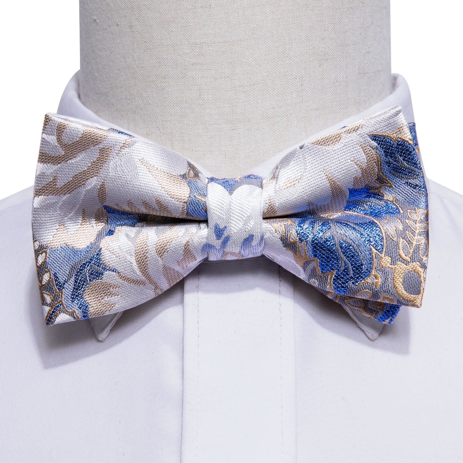 Barry.wang White Tie Blue Floral Pre-tied Bow Tie Hanky Cufflinks Set