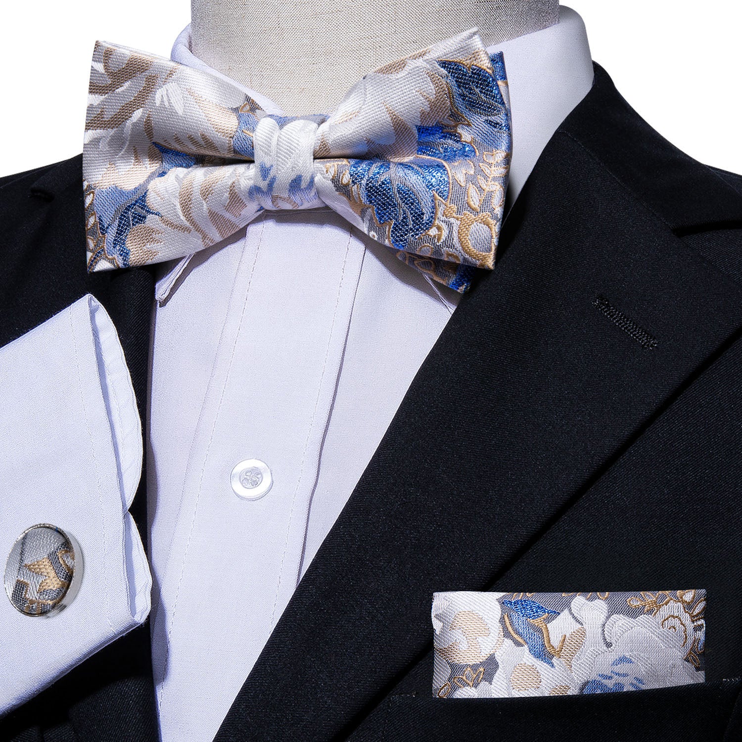 White Tie Blue Floral Pre-tied Bow Tie Hanky Cufflinks Set