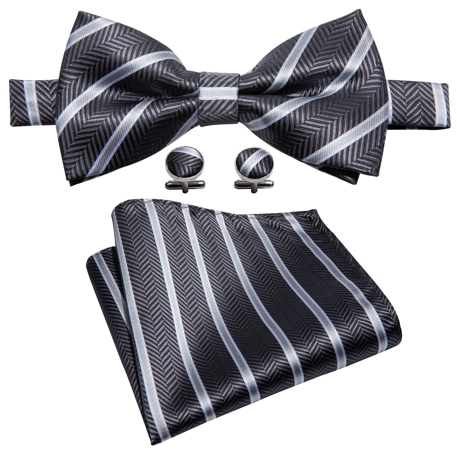 Dark Grey Ties Stripe Pre-tied Bow Tie Hanky Cufflinks Set