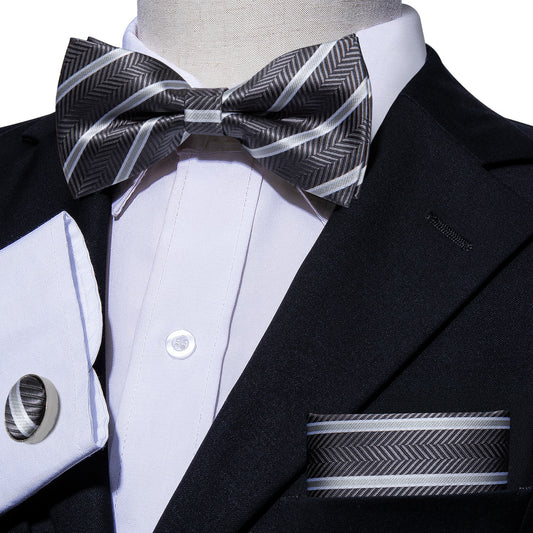 Dark Grey Ties Stripe Pre-tied Bow Tie Hanky Cufflinks Set