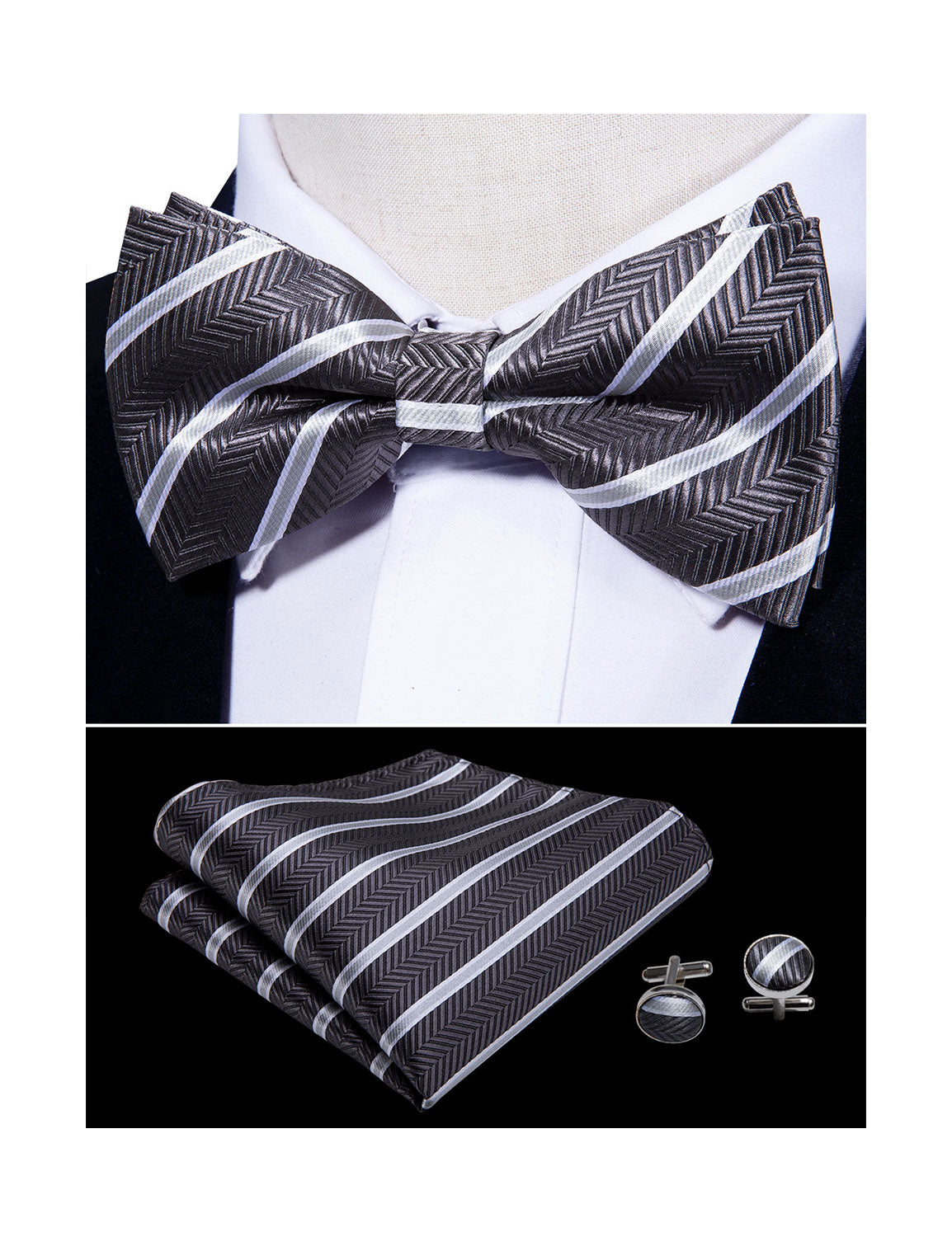 Dark Grey Ties Stripe Pre-tied Bow Tie Hanky Cufflinks Set