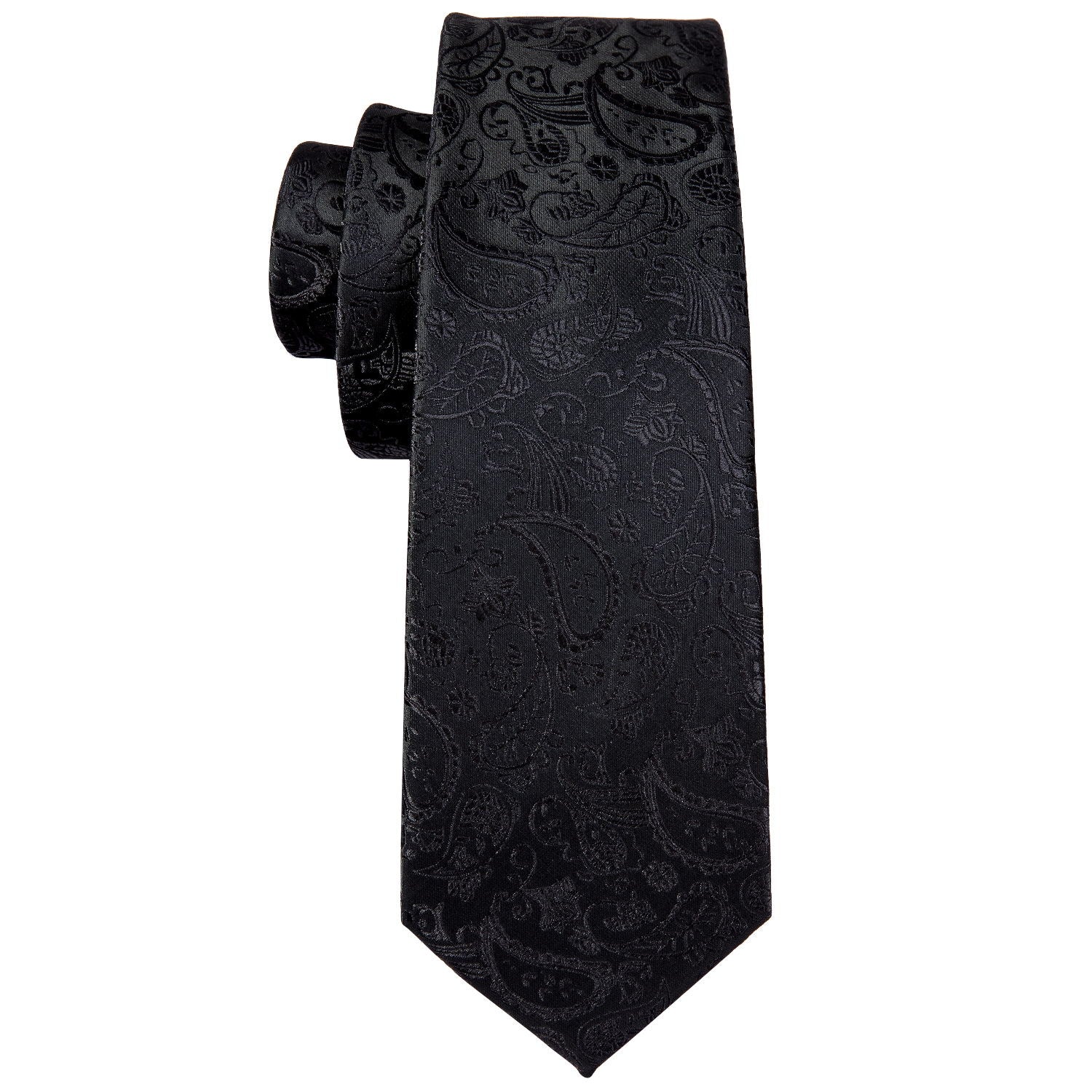 Dark Black Paisley Silk Tie Pocket Square Cufflinks Set