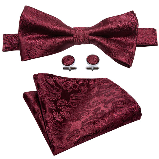 Barry. Wang Burgundy Floral Bow Tie Pre-tied Paisley Adjustable Bowtie Pocket Square Cufflinks Set