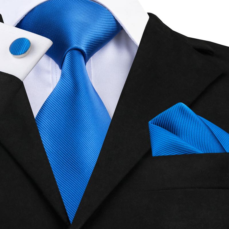 Barry.wang Blue Tie Classic Solid Silk Men's Tie Hanky Cufflinks Set