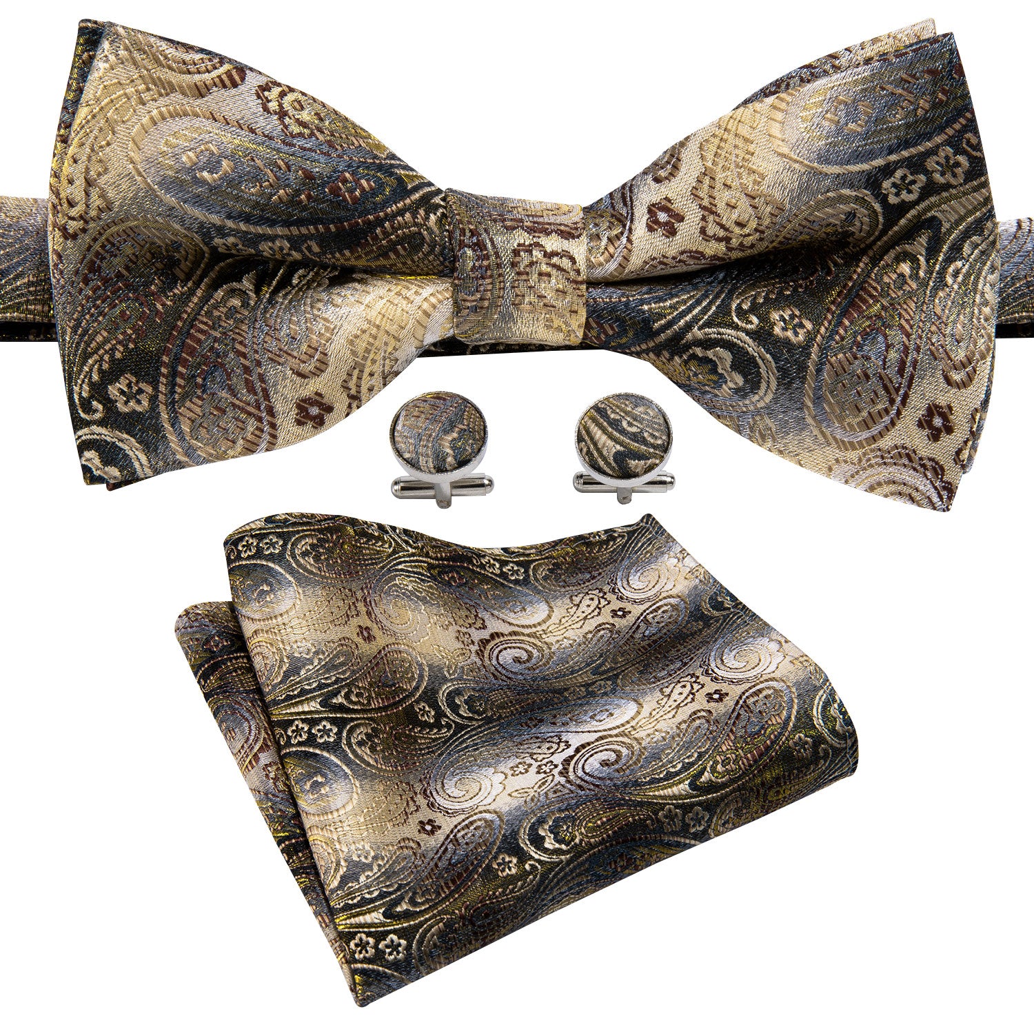 Men Brown Grey Paisley Pre-tied Bow Tie Hanky Cufflinks Set