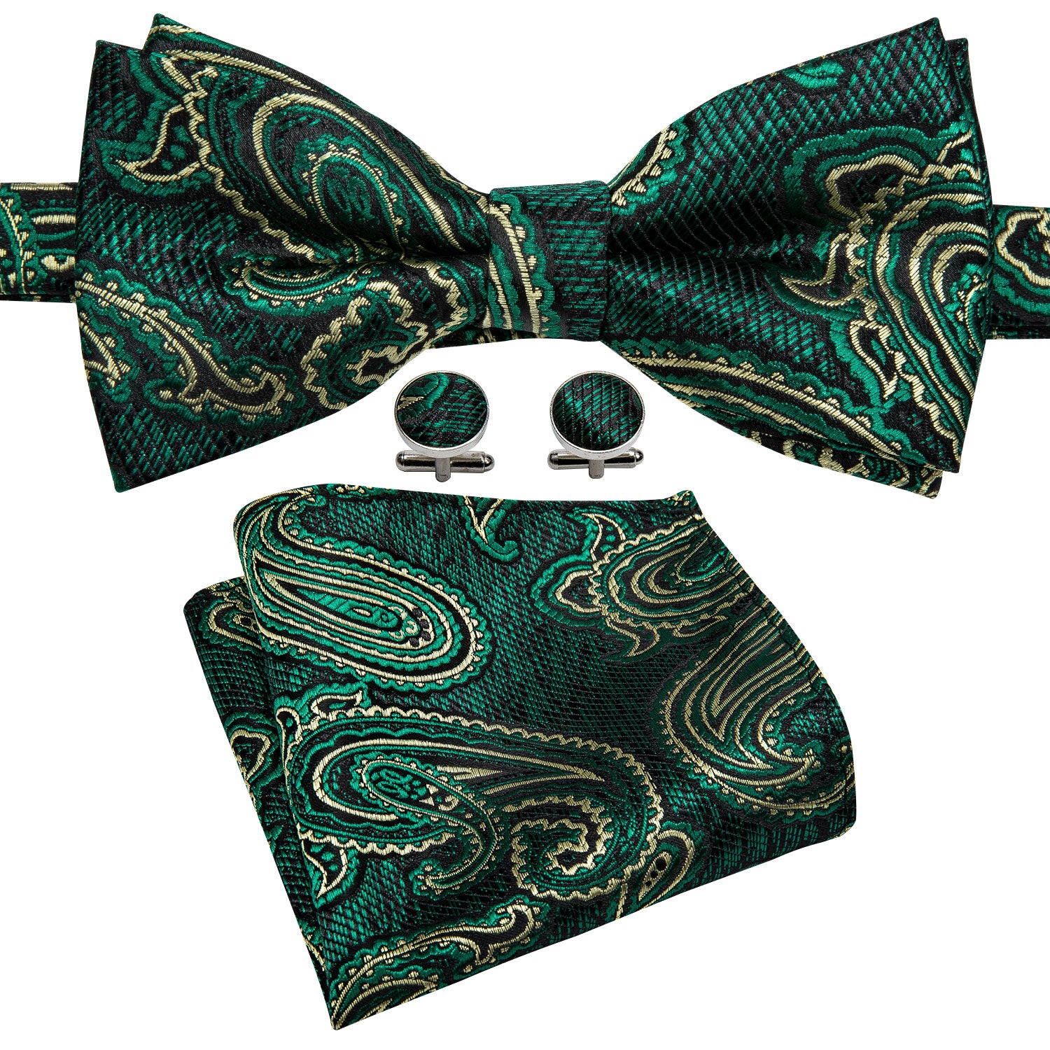 Barry. Wang Hunter Green Bow Tie for Wedding Adjustable Men's Paisley Bowtie Pocket Square Cufflinks Set
