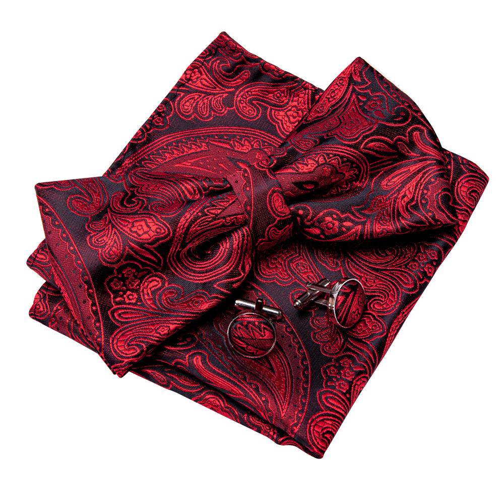 Barry. Wang Burgundy Bow Tie Hanky Cufflinks Set Adjustable Men's Paisley Pre-tied Formal Bow Tie