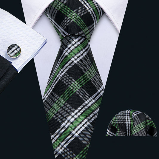 Black Green White Plaid Tie Pocket Square Cufflinks Set