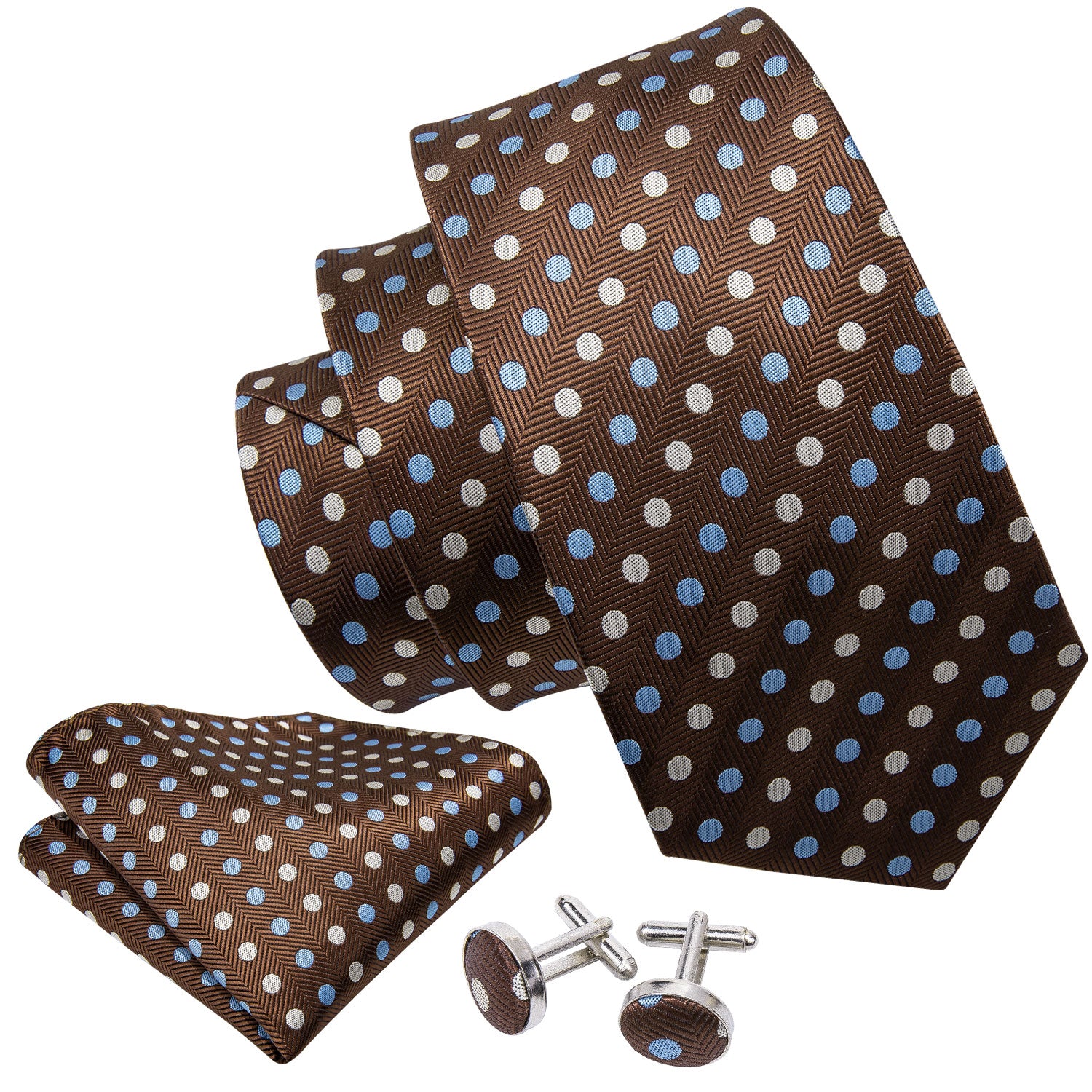 Brown Dot Tie Pocket Square Cufflinks Set