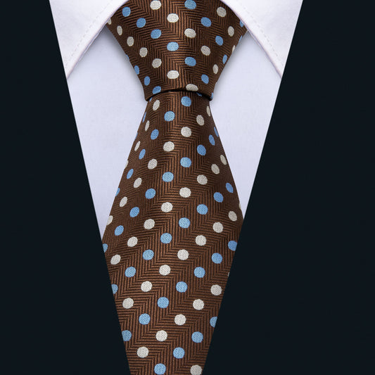 Silk Brown Ties Polka Dot Tie Pocket Square Cufflinks Set
