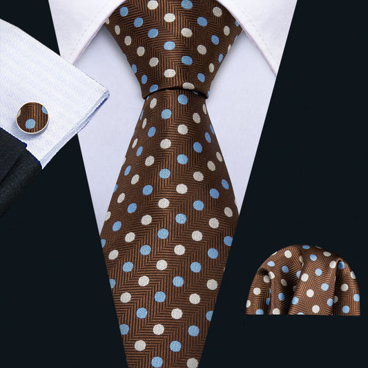 Brown Dot Tie Pocket Square Cufflinks Set