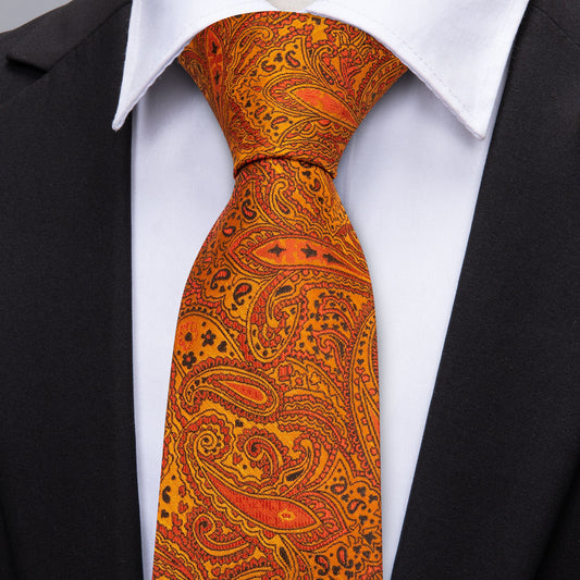 Orange Paisley Silk Men's Tie Pocket Square Cufflinks Set