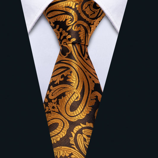 Golden Paisley Necktie Mens Tie Pocket Square Cufflinks Set