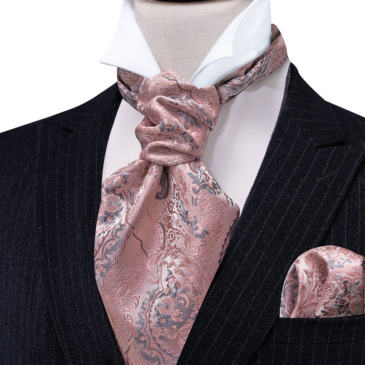 Pink Silver Paisley Silk Ascot Handkerchief Cufflinks