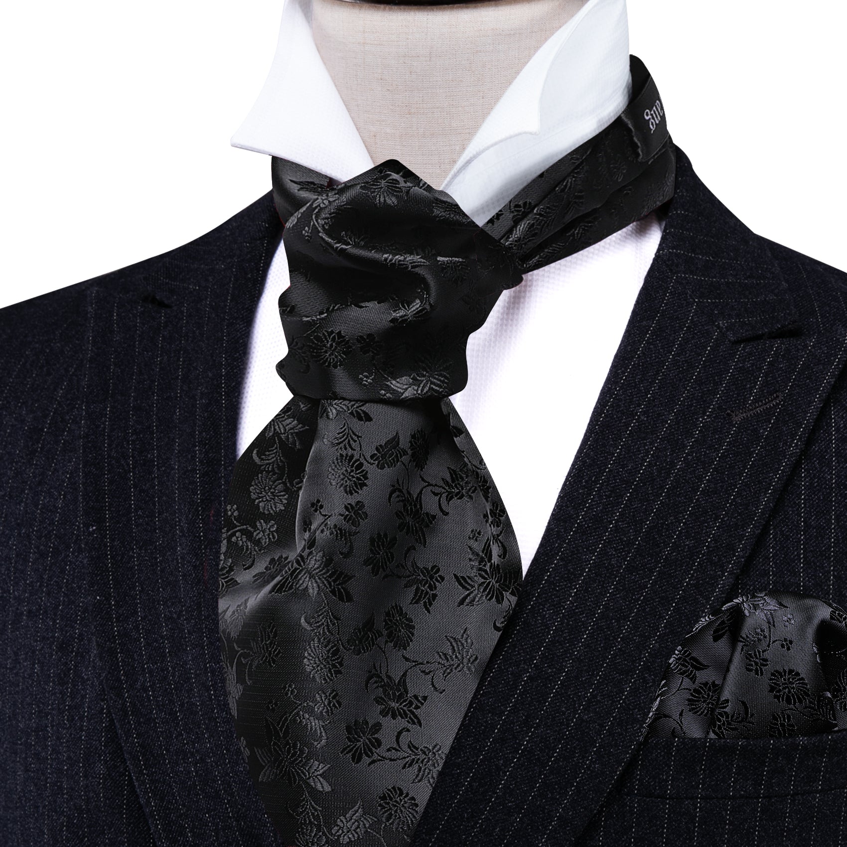 Black Flower Ascot Handkerchief Cufflinks Set