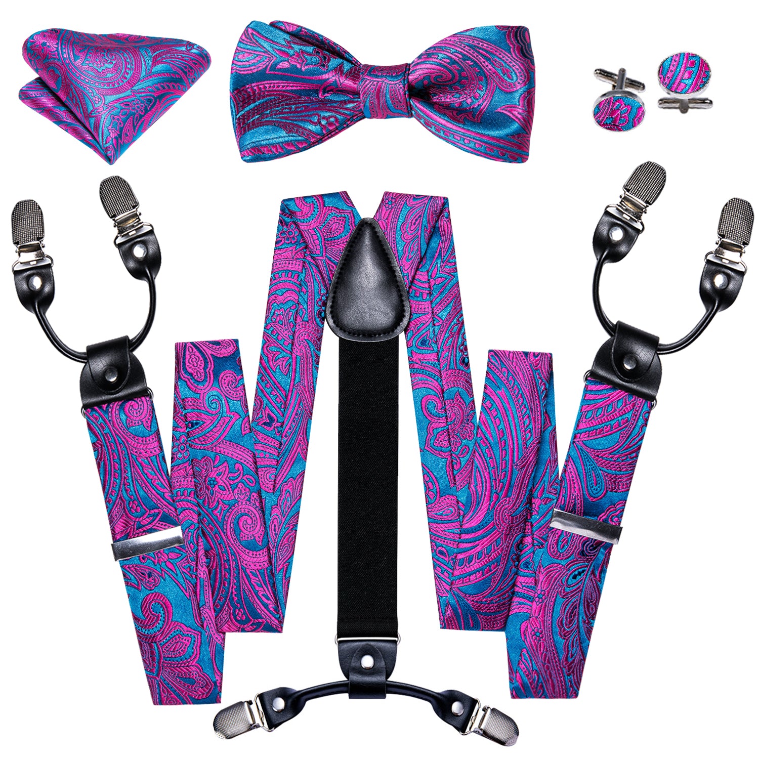 Blue Purple Paisley Y Back Adjustable Suspender Bow Tie Set