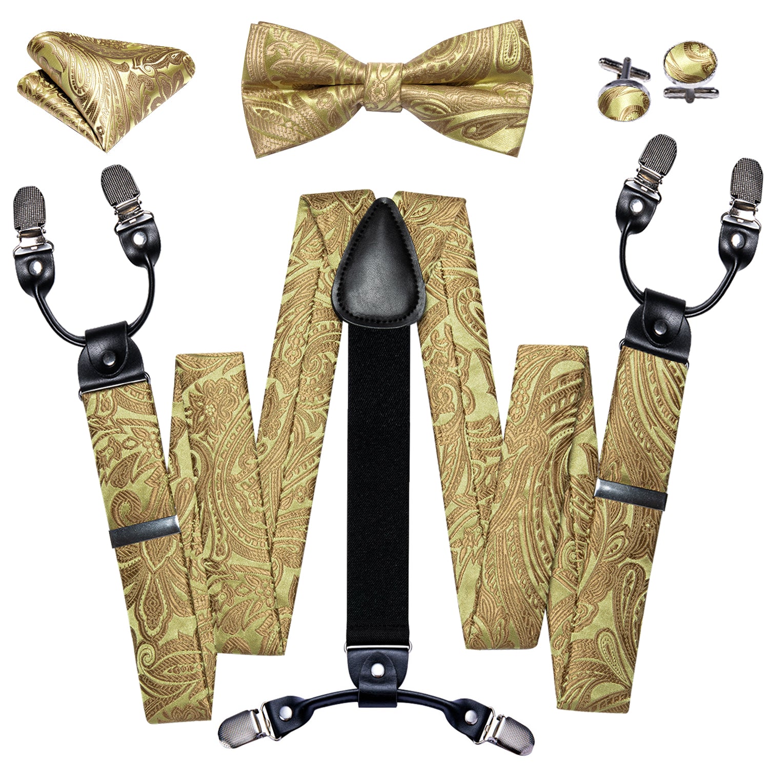 Golden Paisley Y Back Adjustable Bow Tie Suspenders Set