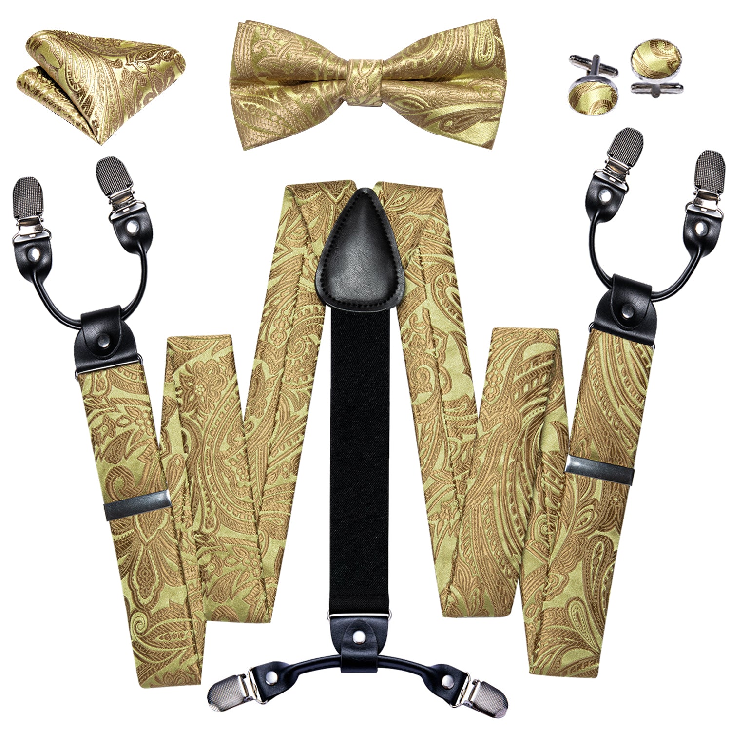 Barry. Wang Golden Paisley Y Back Adjustable Bow Tie Suspenders Set