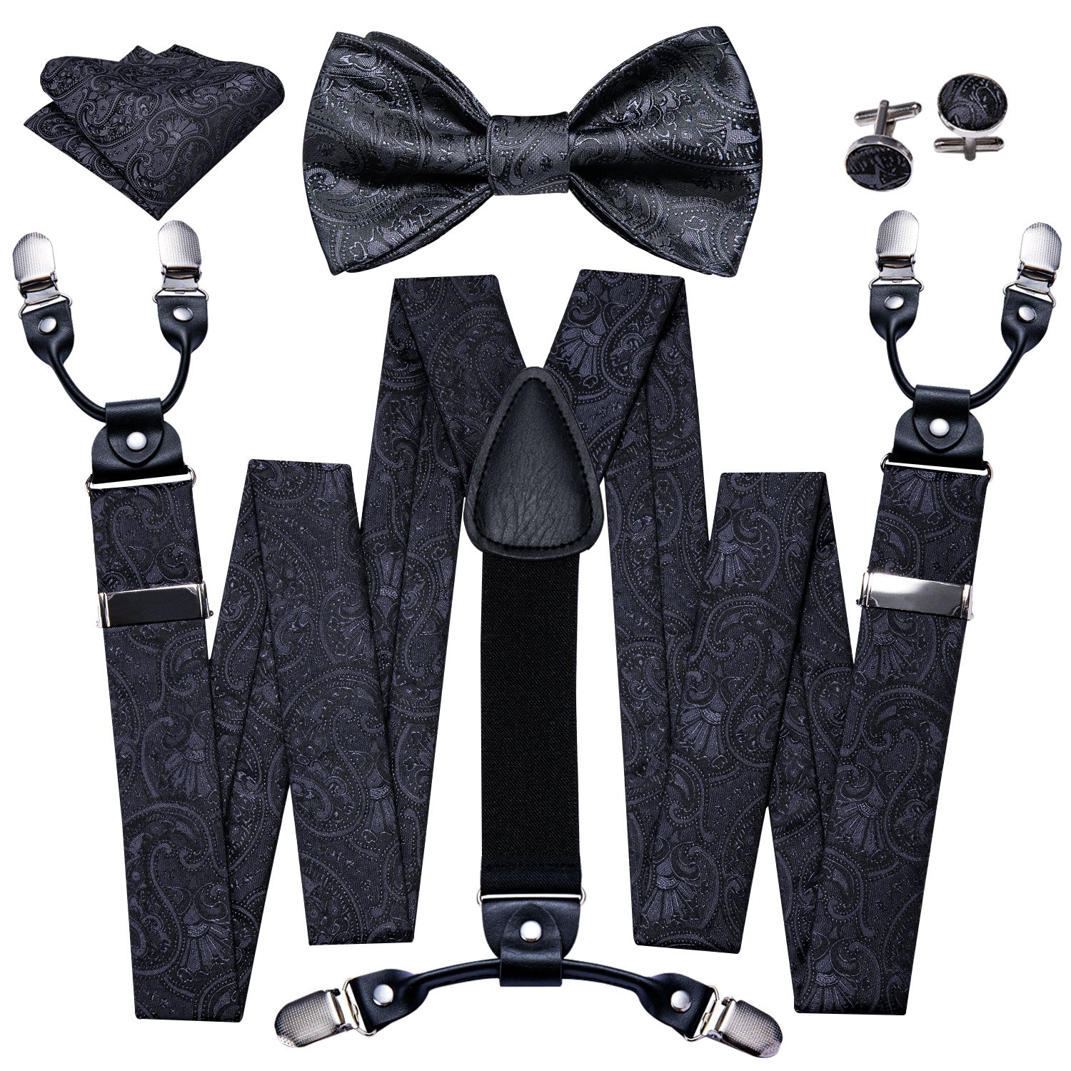Black Paisley Y Back Mens Adjustable Suspenders Bow Tie Set
