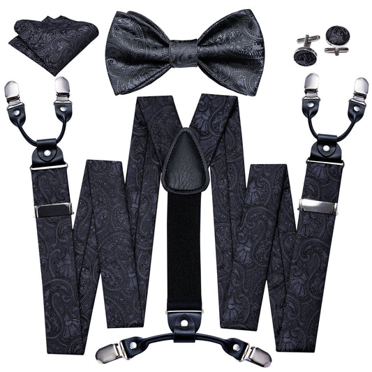 Black Paisley Y Back Mens Adjustable Suspenders Bow Tie Set