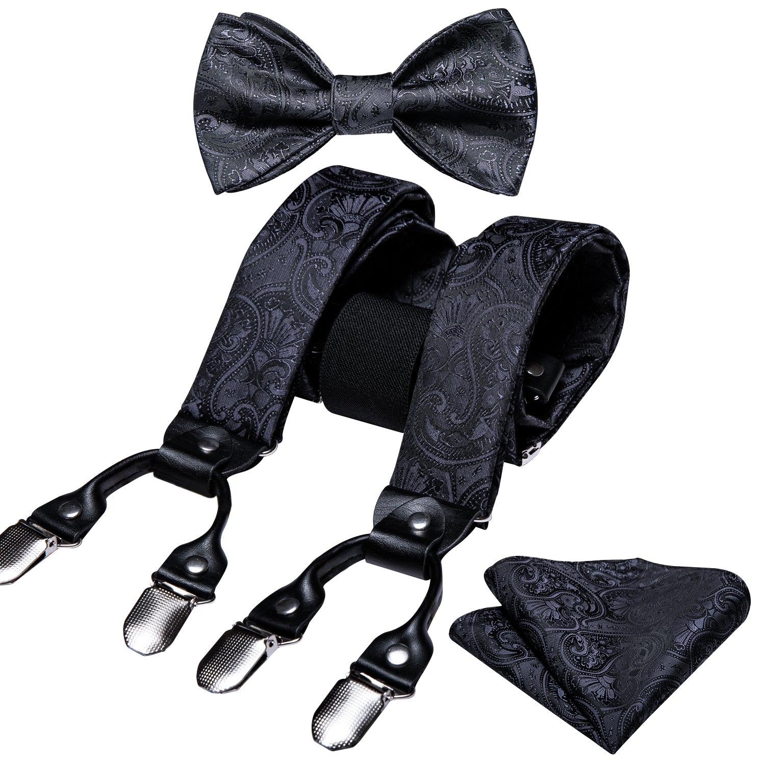 Black Paisley Y Back Mens Adjustable Suspenders Bow Tie Set