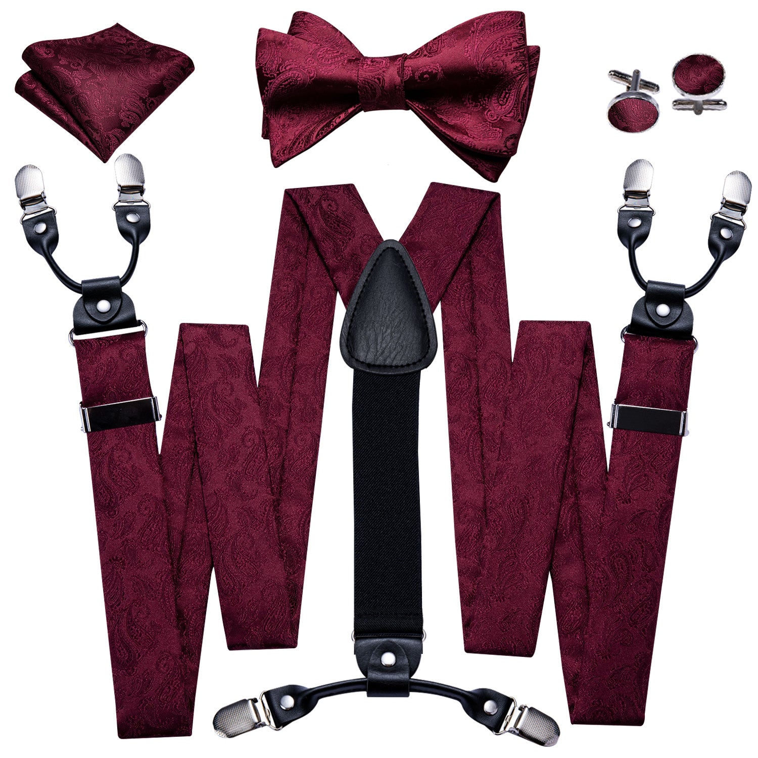 Barry. Wang Red Paisley Y Back Adjustable Suspenders Bow Tie Set