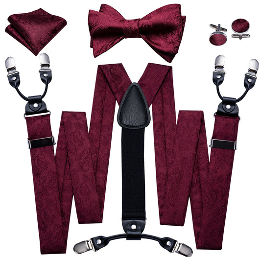 Barry. Wang Red Paisley Y Back Adjustable Suspenders Bow Tie Set