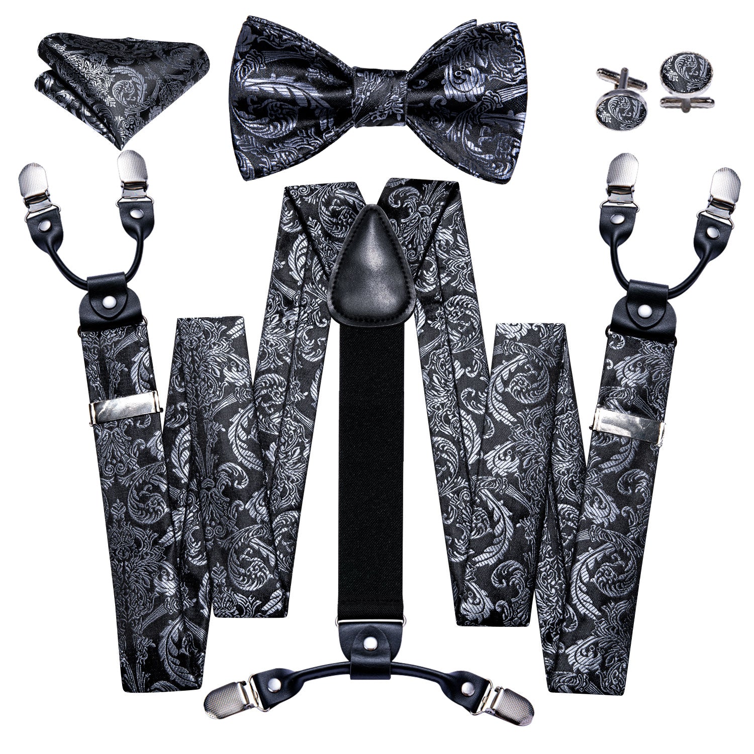 Black White Paisley Y Back Adjustable Suspender Bow Tie Set