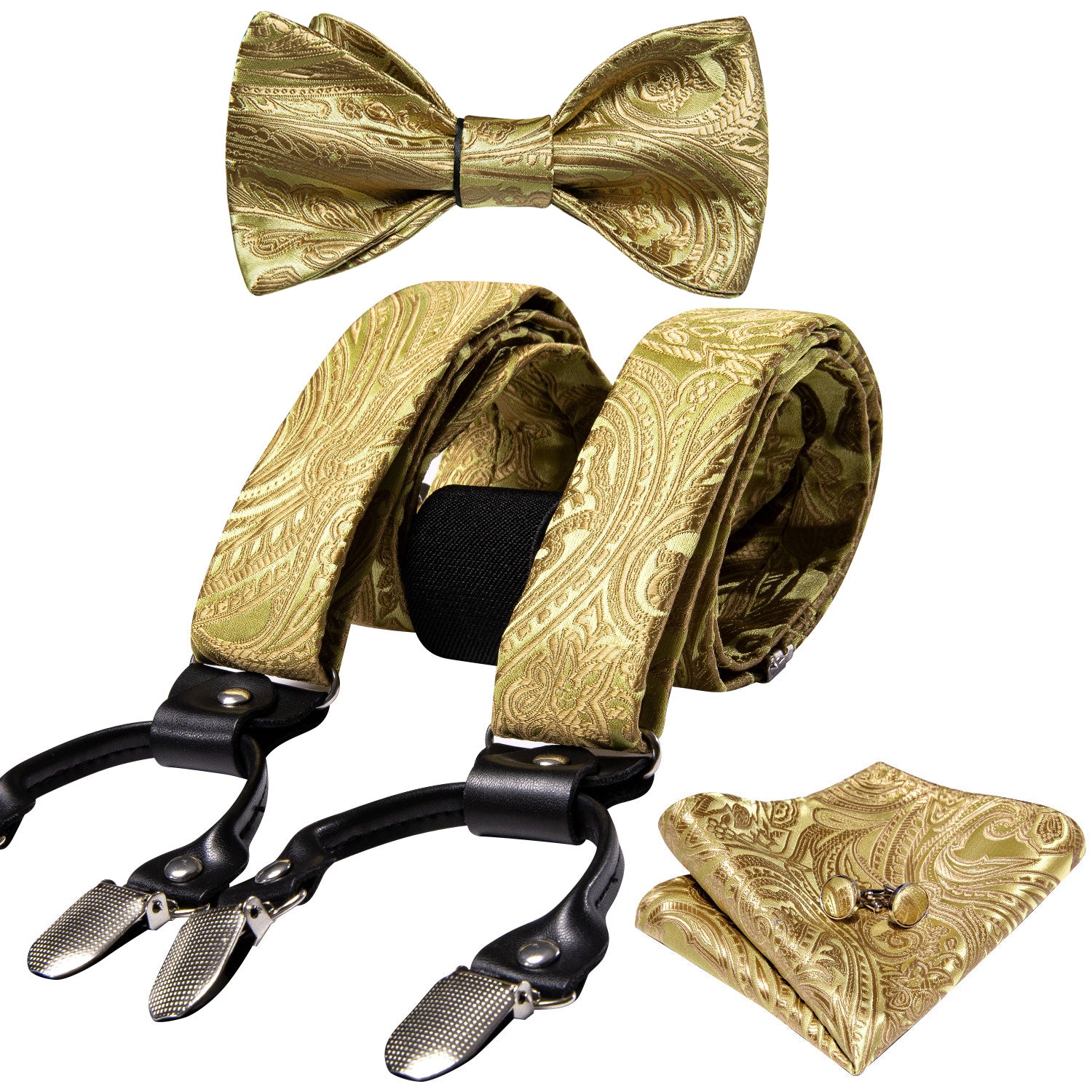 Barry. Wang Gold Paisley Y Back Adjustable Suspenders Bow Tie Set