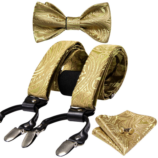 Barry. Wang Gold Paisley Y Back Adjustable Suspenders Bow Tie Set