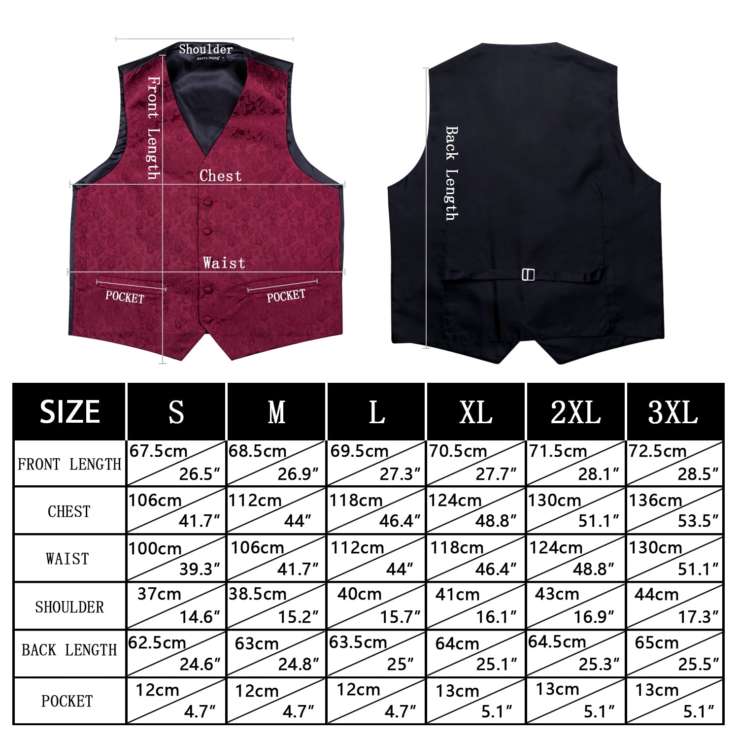 black and white vest size chart