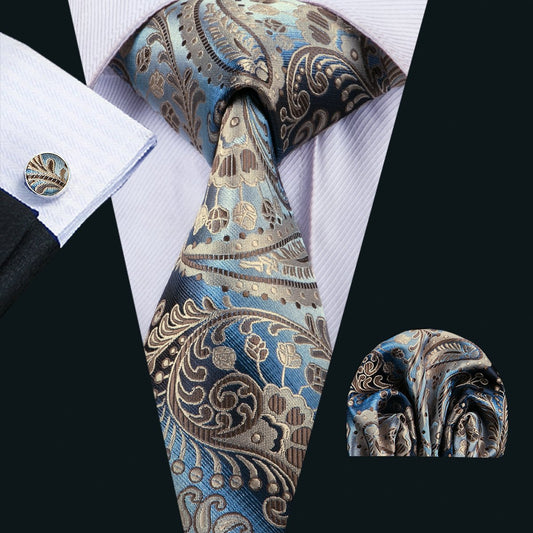 Essential Brown Paisley Tie Pocket Square Cufflinks Set - barry-wang