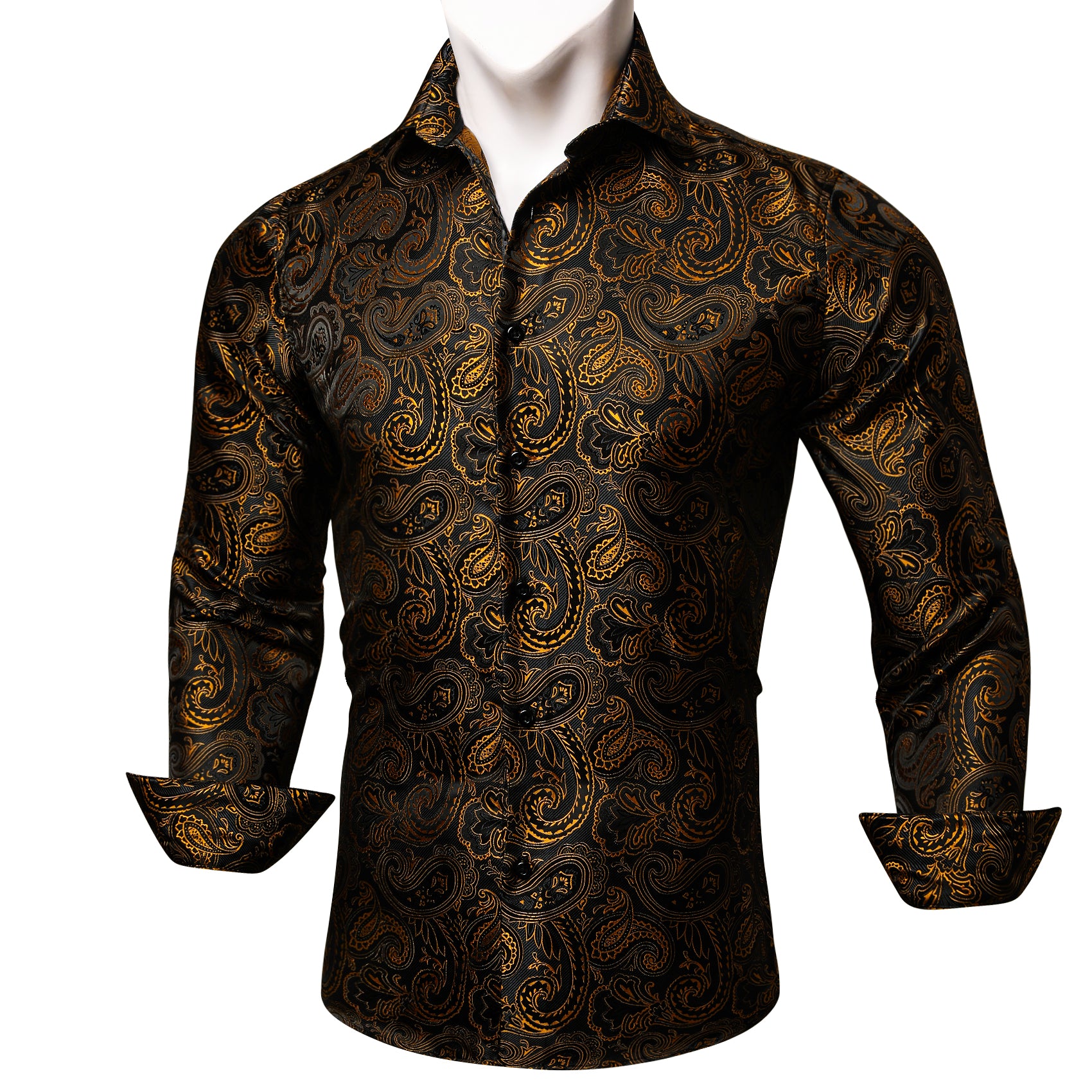 Barry Wang Long Sleeve Shirt Black Golden Paisley Silk Shirt