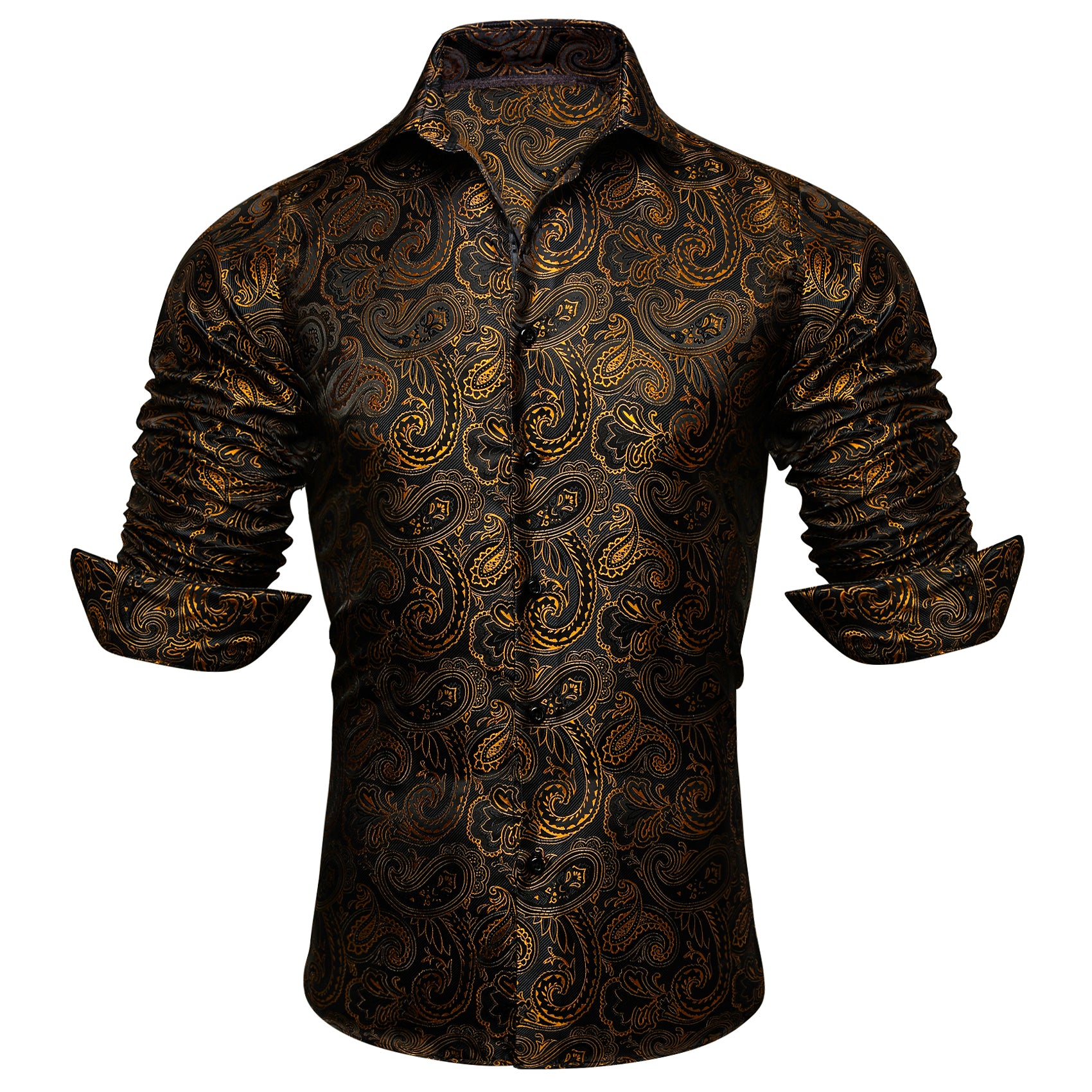 Barry Wang Long Sleeve Shirt Black Golden Paisley Silk Shirt