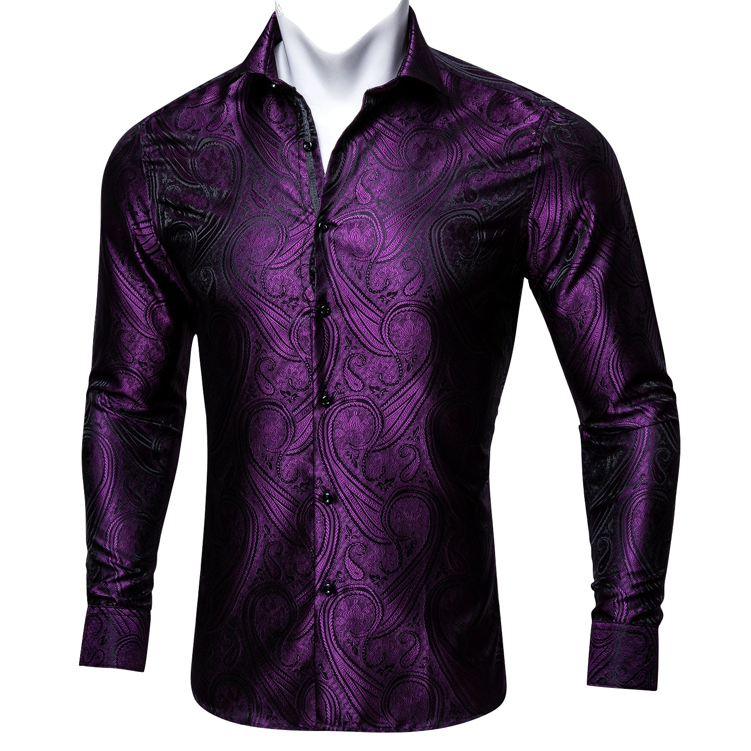 Purple Silk Paisley Long Sleeve Daily Slim-fit Shirt
