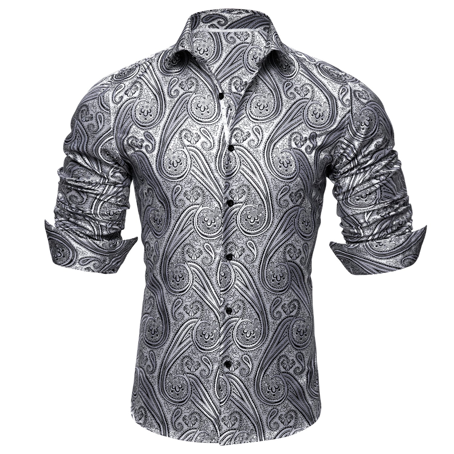 Barry.wang Button Down Shirt Silver Silk Tribal Long Sleeve Paisley Shirt for Mens